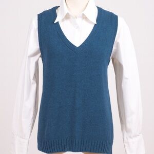 J.Crew Women’s Blue Textured Pullover Vest Size Large Cotton Blend V-Neck